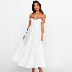 ROSE GARDEN FLORAL APPLIQUE A-LINE MIDI DRESS WHITE